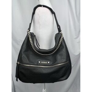 GUESS Black Hobo Shoulder Bag Gold Chain Accent Pebbled Leather Large Zip Purse